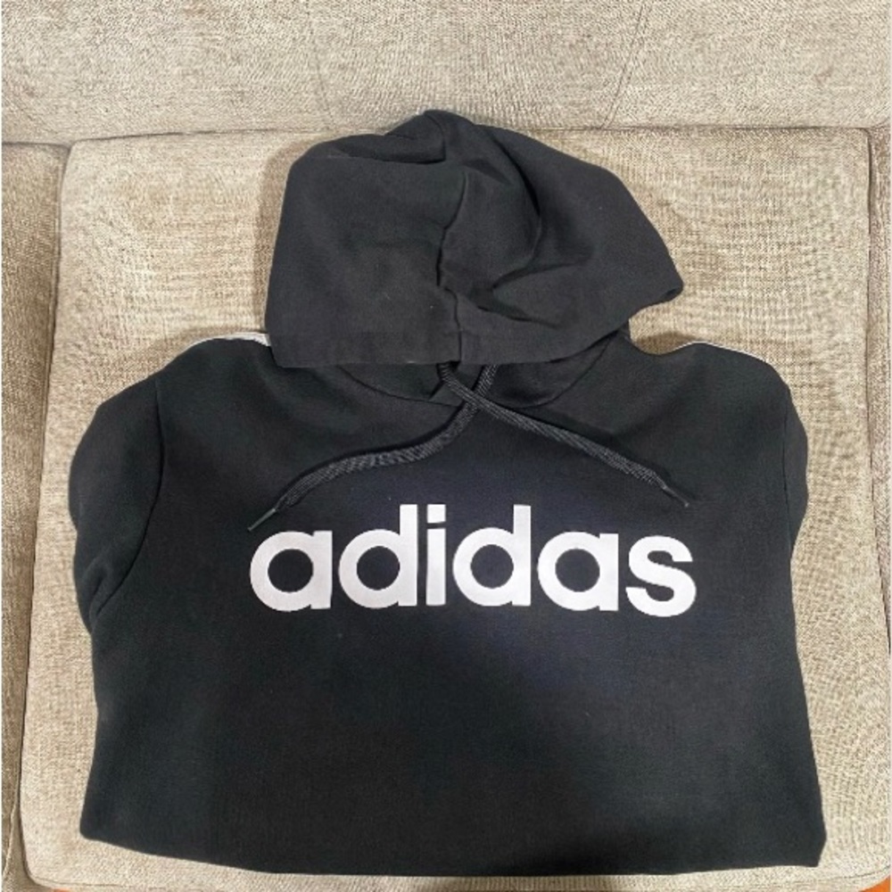 Black/White Adidas Mens Essentials 3-Stripes Pullover Hoodie Sz LG